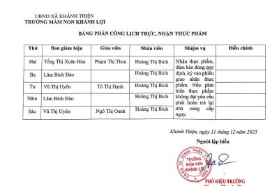 Bảng phân công lịch trực, nhận thực phẩm Học kỳ II năm học 2025-2026